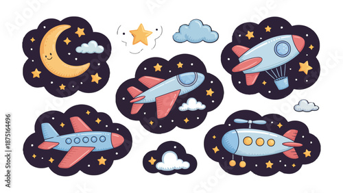 Celestial Fleet: A charming illustration featuring a collection of whimsical aircraft, each nestled within a night sky filled with stars, clouds, and a smiling moon.