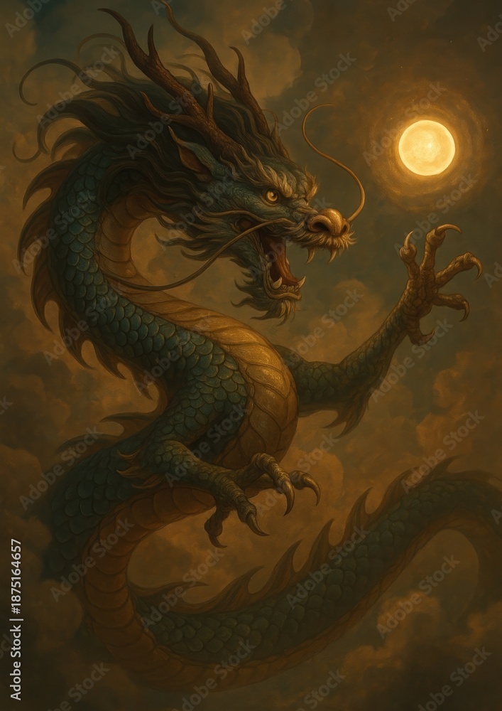 Fototapeta premium Majestic dragon under glowing moon.
