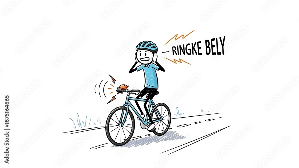 Fototapeta premium Cartoon Cyclist Rings Bell Loudly on Road.