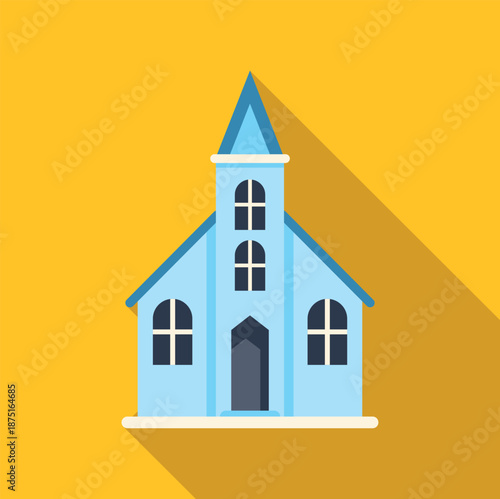 Light blue church building with steeple and windows on a yellow background