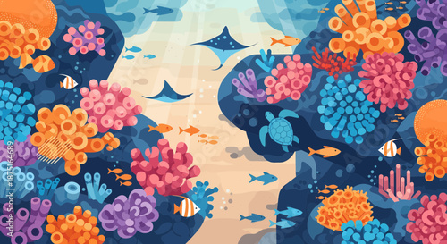 Vibrant Coral Reef Underwater Scene With Fish And Marine Life