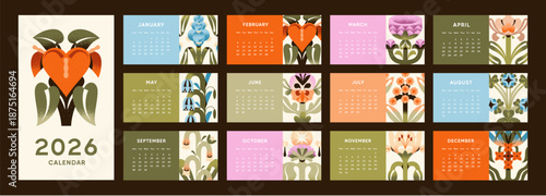 Wall calendar design with abstract flowers set. Months of 2026 year with irregular and symmetrical wildflowers on templates. Layouts with leaves, plants and floral decor. Flat vector illustrations