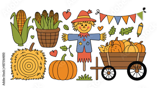 Harvest Collection: A whimsical illustration captures the essence of autumn with a vibrant assortment of pumpkins, corn, scarecrows, and decorative elements, perfect for celebrating the season.