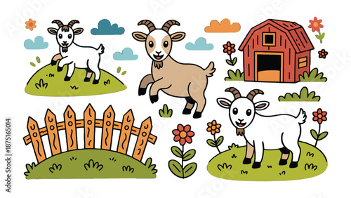Playful Goats on the Farm: A cheerful depiction of adorable goats frolicking in a sunny pasture, complete with a rustic barn and cheerful flowers. 