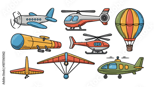 Aviation Collage: A delightful assortment of aircraft, meticulously arranged to capture the essence of flight and travel, each representing a unique mode of aerial transportation.
