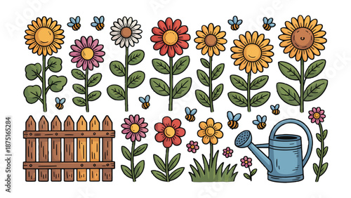 Vibrant Garden Illustrations: Captivating illustrations showcasing an array of colorful flowers, buzzing bees, and essential gardening tools, bringing a lively garden to life.