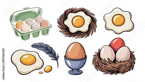 Diverse Egg Collection: An array of artistic illustrations showcases the versatility of eggs, from carton-packaged freshness to delicately prepared dishes.