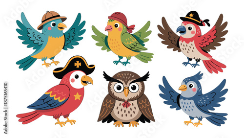 Avian Assembly in Colorful Attire: A charming gathering of feathered friends, each adorned in whimsical headwear, creating a joyful spectacle.