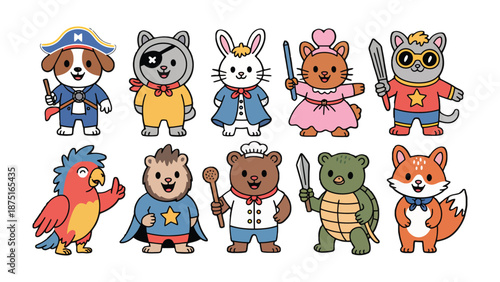 Adorable Animal Characters: A charming collection of ten unique and endearing animal characters, each dressed in a playful costume, ready to embark on a fun adventure. 