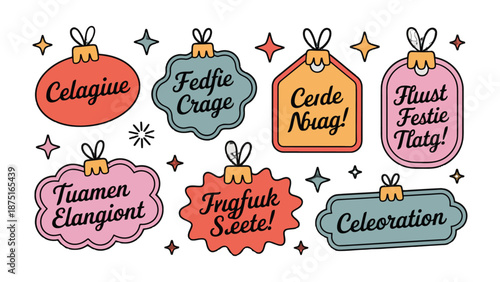 Festive Holiday Decoration with Greetings: A collection of decorative ornaments featuring various cheerful greetings and embellishments, perfect for spreading holiday cheer.