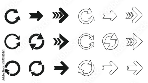 a set of black and white arrows and circular arrow icons