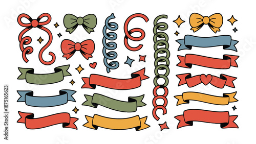 Festive Ribbons and Embellishments: A vibrant collection of celebratory ribbons and decorative elements, ideal for adding a touch of flair to any festive occasion, all in one neat array.