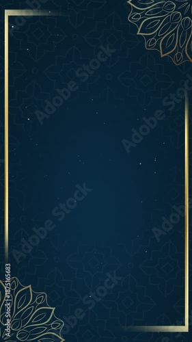 Vertical Islamic Frame Background Animation. Elegant Golden Border with Mandala Corner Ornaments, Glowing Particles, and Copy Space. For Ramadan and Eid.