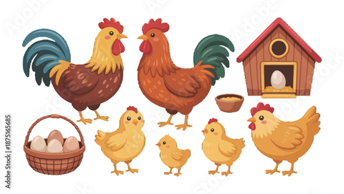 Farm Life Illustration: A charming illustration depicts the cheerful simplicity of farm life. Bright colors and clean lines bring to life a rooster, chickens, chicks, a hen house, a basket of eggs.