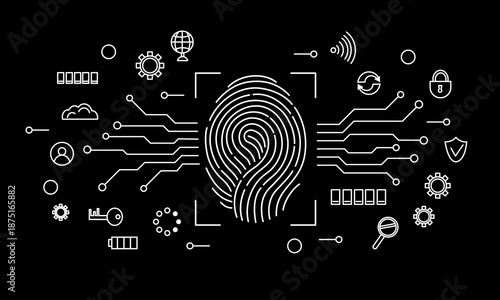Fingerprint scanning system. Biometric authentication technology concept. Personal touch id identity. Vector hand drawn background.