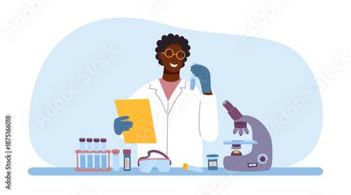 Male scientist in laboratory with test tubes and microscope. Concept of biotechnology, medical research, science. Vector flat illustration.