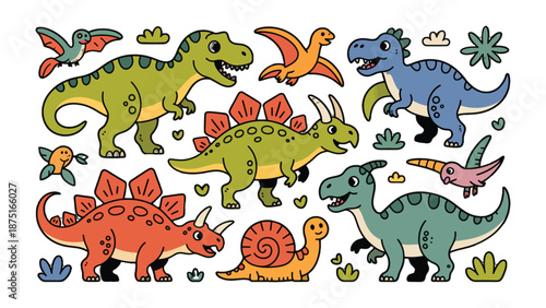 Vibrant Dinosaur Illustration: A collection of charming, colorful dinosaurs. These delightful creatures bring the prehistoric world to life with their playful appearances. 
