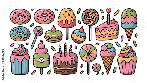 Sweet Selection: A delightful assortment of colorful and enticing sweets, from donuts and cakes to lollipops and ice cream cones.