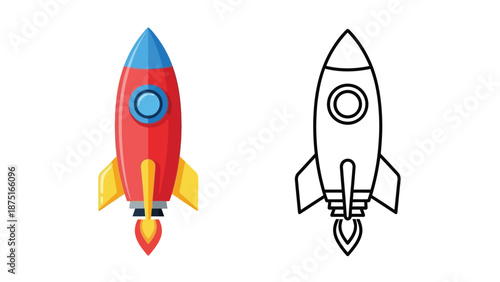 colorful rocket ship and its black line drawing