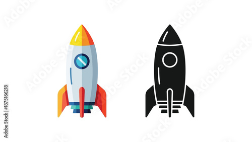 two colorful rockets side by side on white background
