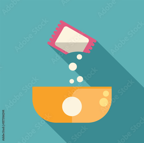 Sugar sachet pouring sweetener or ingredient into a yellow bowl