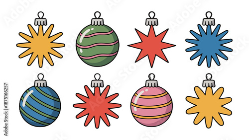 Festive Ornaments: A vibrant set of Christmas ornaments, each one a unique burst of holiday cheer. The ornaments, a blend of traditional shapes and joyful colors, ready to brighten the season.