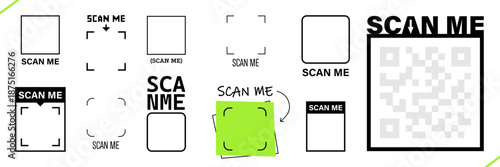 Scan me frame. Labels for QR code. Icons with CTA. Barcode box designs for payment, website, mobile app, business card, discount, menu. Black vector illustration isolated on a white background.