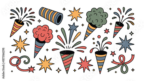 Festive Firework Extravaganza: A vibrant collection of celebratory fireworks and decorative elements bursts with joy and excitement, ready to illuminate any special occasion.