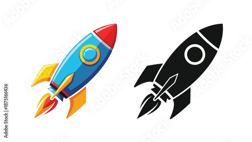 colorful rocket ship and black silhouette rocket illustration