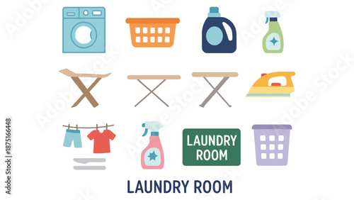 A colorful illustration of various laundry room essentials and appliances