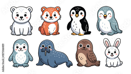 Adorable Arctic Creatures: A collection of cute arctic animals with playful expressions, including a polar bear, fox, penguin, and a rabbit, designed to evoke joy and warmth. 