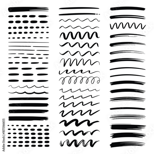 Collection of various black lines and strokes on a white background