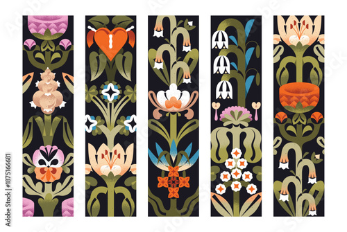 Designs of bookmarks with floral print set. Book marks templates with abstract flowers in symmetrical and irregular style. Tags with wildflowers, leaves and bloom plants. Flat vector illustrations