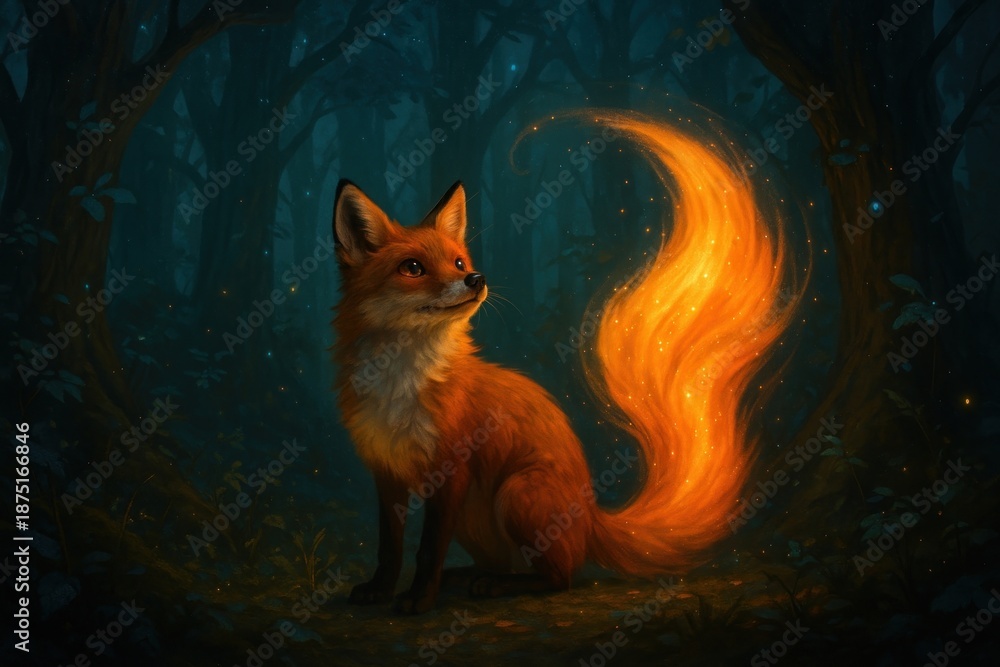 Obraz premium Mystical fox with glowing tail background
