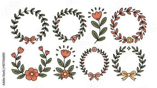 Floral Wreath Collection: An exquisite collection of floral wreaths, each delicately designed with a harmonious blend of leaves and blossoms, ready to add an elegant touch to any project.
