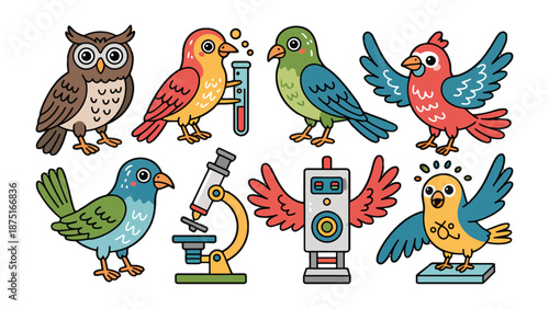 Science Birds: A vibrant collection of colorful birds and a lab equipment in a playful illustration, perfect for science-themed educational materials.
