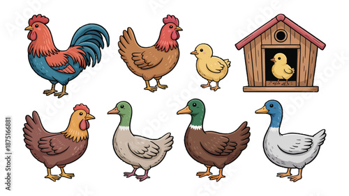 Farmyard Friends: A vibrant illustration showcasing a collection of farm animals, including a rooster, chicken, duck, and chick, offering a glimpse into the charm of rural life.