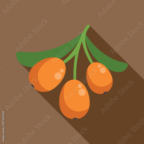 Three orange sea buckthorn berries with green leaves and shadows on a brown background