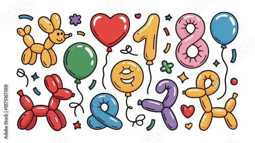 Colorful Balloons Illustration: An array of whimsical balloons, including various shapes, and number, ready to uplift any celebration. 