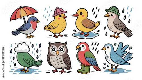 Adorable Birds in the Rain: A whimsical collection of cute birds, each uniquely accessorized, navigating a gentle rainfall. Illustrating the simple joys of nature and the beauty of resilience.