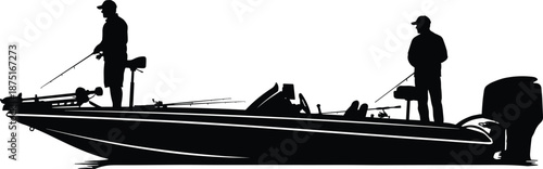 Bass fishing silhouette of two anglers on modern bass boat, freshwater sport fishing tournament illustration scene outdoor recreation vector design