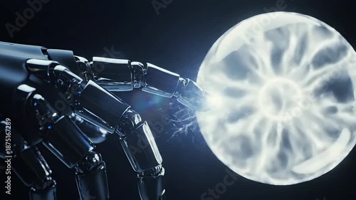 Close-up of a robotic hand interacting with a glowing orb of energy, representing artificial intelligence and technological advancement