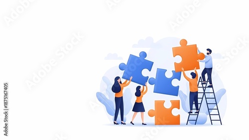 明るい背景の上のパズルピースと協力する人々