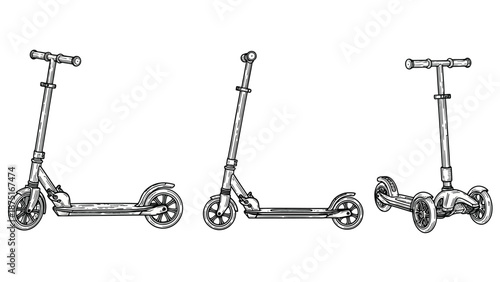 three foldable scooters in different folding positions side view