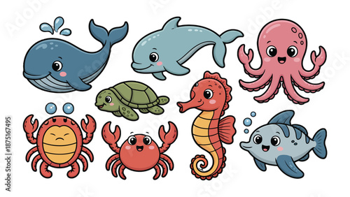 Ocean Friends: Charming collection of marine creatures, inviting viewers into an underwater world. A visual celebration of the diversity and whimsy of the deep blue sea.