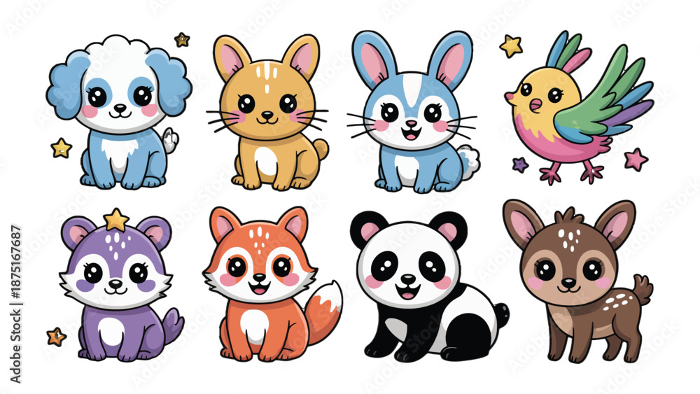 Obraz premium Playful Companions: An adorable collection of cartoon animals, each radiating charm and cheer, gathered together. A scene full of vibrant colors