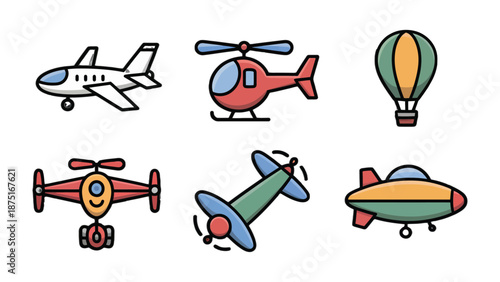 Air Travel Selection: A vibrant collection of aviation icons, featuring an array of aircraft perfect for travel and transportation themes.