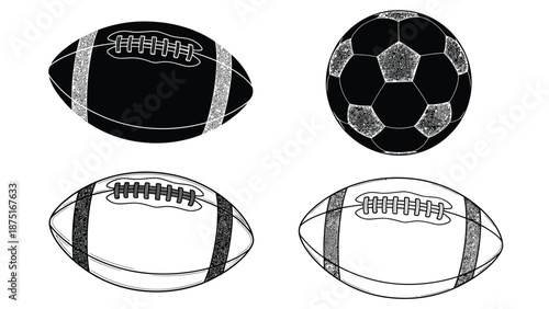 Four sports balls including american football and soccer ball