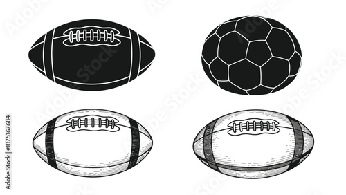 four different sports balls including football and soccer ball