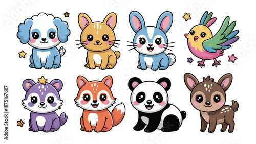 Playful Companions: An adorable collection of cartoon animals, each radiating charm and cheer, gathered together. A scene full of vibrant colors